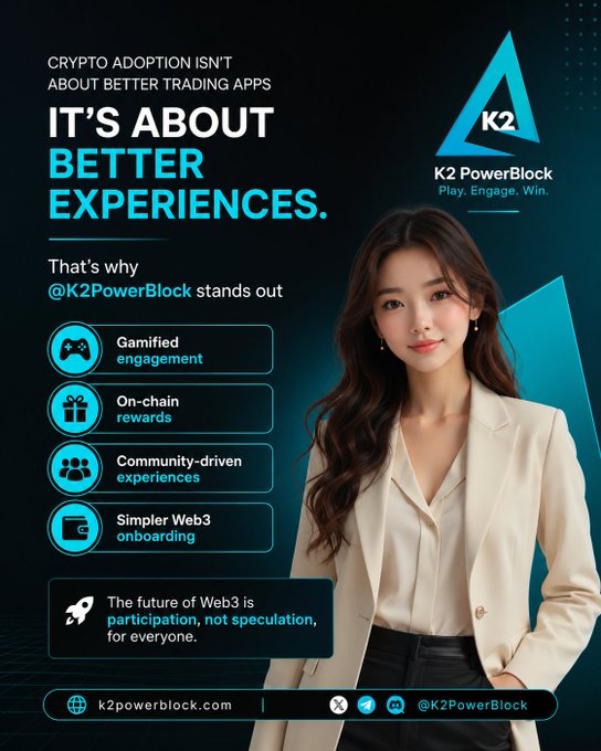An advertisement for K2 PowerBlock featuring a woman in a cream blazer, with text promoting 'Gamified engagement,' 'On-chain rewards,' and 'Simpler Web3 onboarding' at k2powerblock.com.