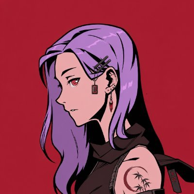 An anime-style digital illustration of a female character with long purple hair, red eyes, and decorative earrings, shown in profile against a solid red background.