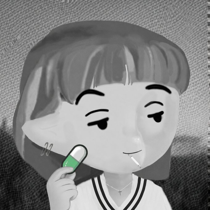 A grayscale stylized digital illustration of an anime-like figure with short hair, smirking while holding a green-and-white capsule pill up to their face, wearing a cross necklace and a sailor-style collar.