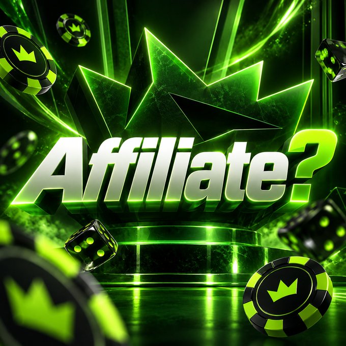 Vibrant green digital artwork featuring a glowing crown logo, the 3D text 'Affiliate?' in bold letters, surrounded by floating casino chips with crowns and dice on a reflective green background.
