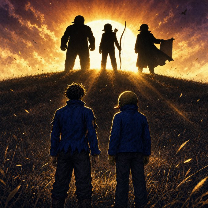An anime-style illustration shows two figures in the foreground looking up at three silhouetted figures standing on a grassy hill against a glowing sunset.