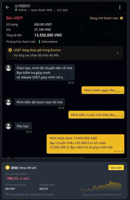 A screenshot of a Vietnamese cryptocurrency exchange chat showing a USDT sale of 500.00 USDT for 13,550,000 VND via Vietcombank, with a conversation about a shortfall of 495,000 VND, and BNB trading info at the bottom from user @Thanh Tung 90.