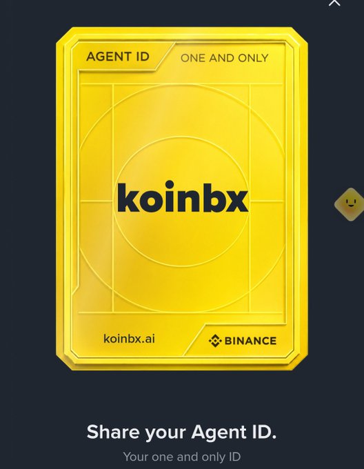 A gold “koinbx” Agent ID card appears with text including “AGENT ID,” “ONE AND ONLY,” “koinbx.ai,” “BINANCE,” and “Share your Agent ID.”