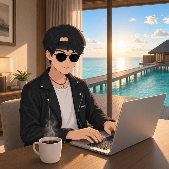 An anime-style illustration of a young man with sunglasses working on a laptop in a tropical seaside resort.