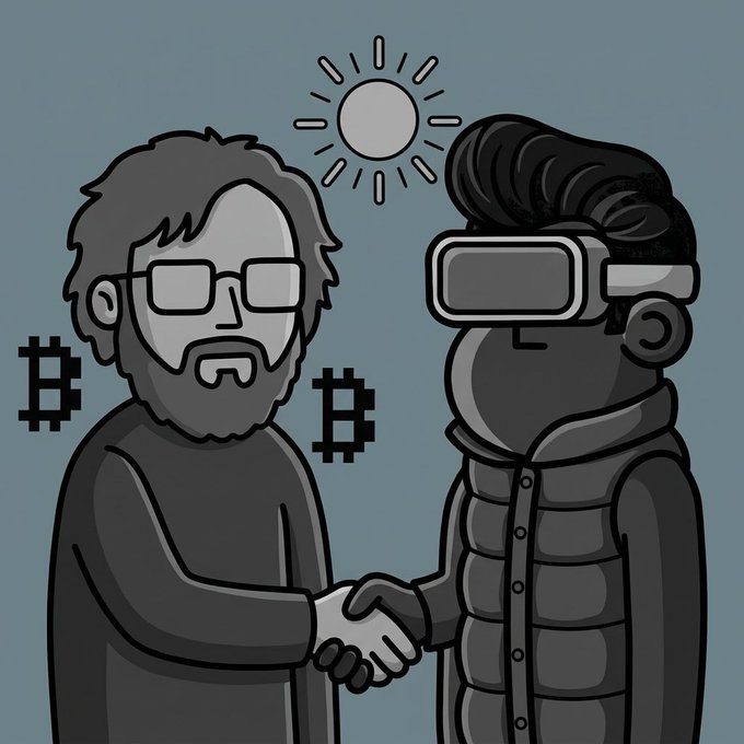 A bearded man with glasses shakes hands with a person wearing a VR headset, while two Bitcoin (₿) symbols and a sun appear in the background, symbolizing the crypto-focused welcome of @crypto_czar_eth to @npconchain.