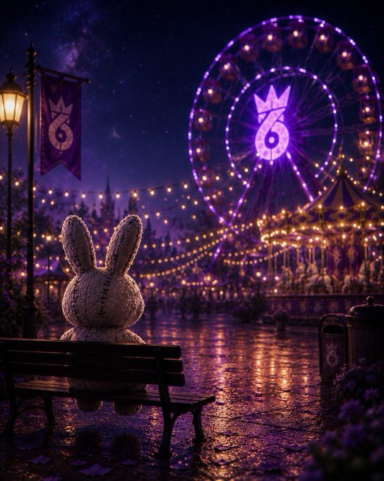 A whimsical nighttime scene features a stitched stuffed bunny sitting on a bench, gazing at a purple-lit Ferris wheel adorned with a crown logo and a '6' symbol.