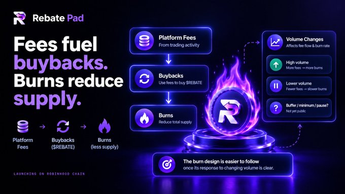 A neon blue-and-purple “Rebate Pad” infographic reads “Fees fuel buybacks. Burns reduce supply.” and illustrates “Platform Fees” leading to “Buybacks” and “Burns,” with volume-change notes on the right.