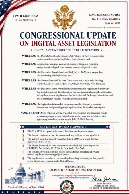 The image displays an official Congressional Notice (No. 119-2026-CLARITY) from the 119th Congress, 2D Session, dated June 23, 2026, regarding digital asset market structure legislation (CLARITY Act) with a House Financial Services Committee hearing scheduled for July 17, 2026, in New York. This directly supports the accompanying post about the scheduled CLARITY Act hearing and its significance for #XRP.