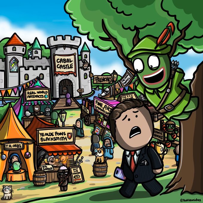 A cartoon illustration of a medieval-style marketplace called 'Cabal Castle' with a Robin Hood character hiding in a tree above a startled man in a suit holding a phone.