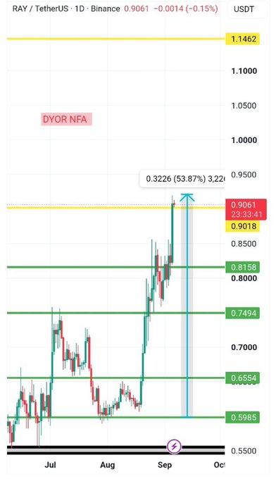 A 1-day candlestick chart of RAY/USDT on Binance shows the price breaking upward through multiple resistance levels, with a recent peak around 0.9061 (highlighted with a 53.87% gain annotation of 0.3226) pushing toward the yellow resistance zone near 1.1462, while a "DYOR NFA" watermark appears on the chart—visually supporting the post's claim of a powerful bullish expansion challenging major resistance after consolidation at the green support floor.