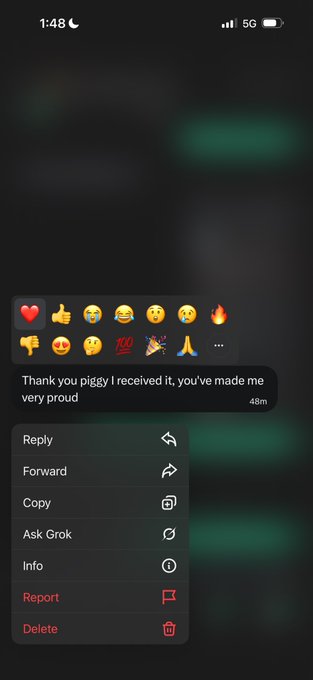The image shows a messaging app screenshot displaying a text message that reads "Thank you pigggy I received it, you've made me very proud" with a reaction menu open below it showing options like Reply, Forward, Copy, Ask Grok, Info, Report, and Delete. The image appears to serve as proof or testimony of receiving money, aligning with the accompanying post promising silent cash sends between $500-$2,000.