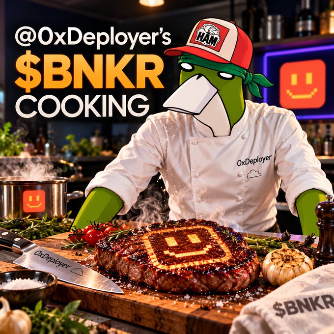 A promotional image for '@0xDeployer's $BNKR COOKING' featuring a green bird-like character chef preparing a steak branded with a smiley face logo.