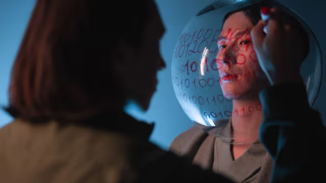 A person with red hair writes red binary code (1s and 0s) on a clear sphere covering the face of another person, creating a sci-fi or cyberpunk aesthetic.