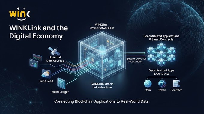 Infographic titled 'WINKLink and the Digital Economy' showing how WINkLink Oracle Network Hub connects external data sources, price feeds, and asset ledgers to decentralized applications and smart contracts.
