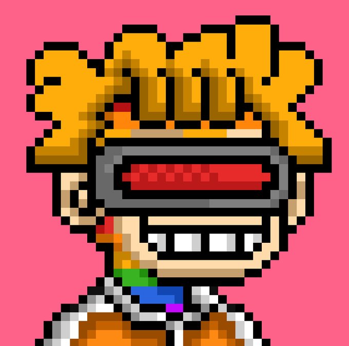 Pixel art portrait of a character with blonde spiky hair wearing a red VR headset and grinning teeth against a pink background.