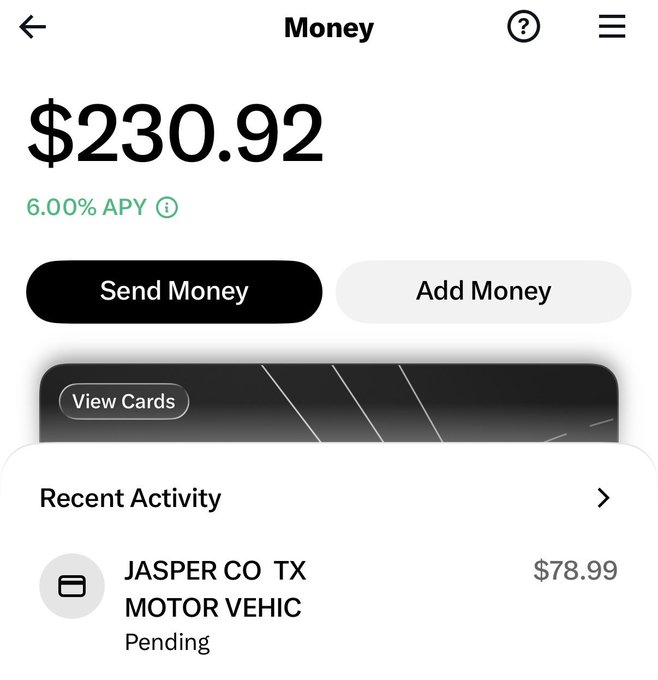 This image shows a Money app screen displaying a balance of $230.92 with 6.00% APY, along with a recent pending transaction of $78.99 to "JASPER CO TX MOTOR VEHIC" for vehicle registration.