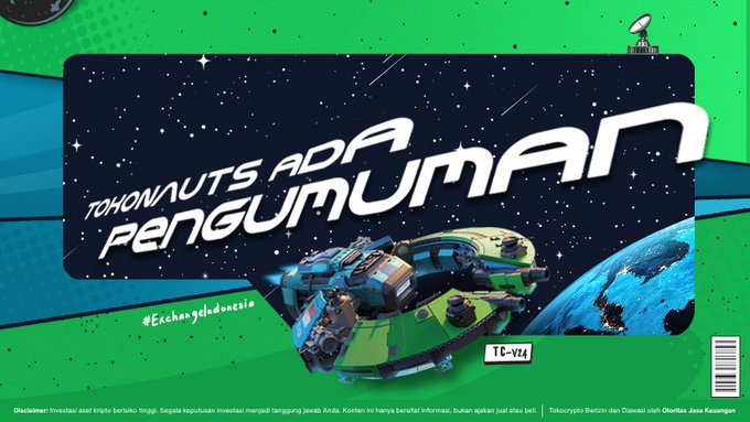 The image is a promotional graphic from Tokocrypto featuring the headline "TOKONAUTS ADA PENGUMUMAN" alongside a futuristic spaceship illustration, which corresponds to the accompanying post announcing a network upgrade and hard fork support for Injective (INJ), with deposits and withdrawals on the INJ network temporarily suspended on September 24, 2026 at 21:00 WIB. The graphic uses a space-themed design with the hashtag #ExchangeofIndonesia and includes a disclaimer at the bottom: "Disclaimer: Investasi aset bantu bersifat menguntungkan [option] berisiko tinggi. Rugi dan kerugian investasi menjadi tanggung jawab Anda."