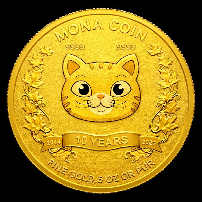 The image features a gold coin with a cat face, which has been labeled "MONA COIN" and "10 YEARS". It also has a ribbon around its neck that says "FINE GOLD 5 OZ OR PUR". The text on the coin reads "2014 2014", "2023", and "5 OZ OR PUR". This coin is being promoted as a "very early discovery of Bitcoin or Solana" with a "focus on what is in the image and how it relates to the post".