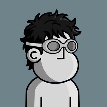 The image features a cartoon character with spiky hair wearing goggles and glasses. The character appears to be a man or a boy, depending on the interpretation of the viewer. The character is standing against a blue background, which contrasts nicely with his white outfit. There are no other objects in the image besides the character and the background color.