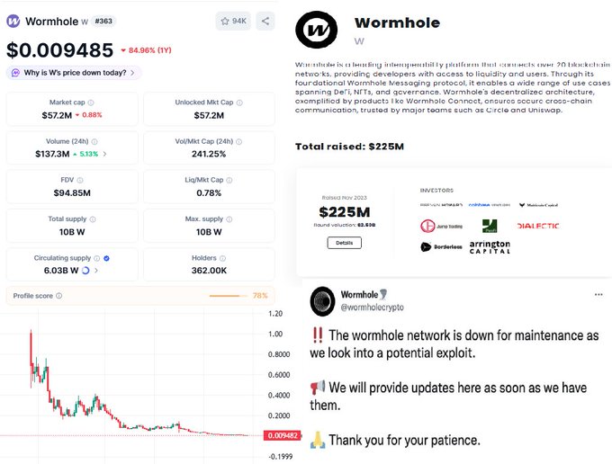 The image features a screenshot of a website called "Wormhole" with an embedded message that reads, "We will provide update soon as we have them." This post has been shared on Twitter by someone named "Nad Monad." The conversation includes mentions of cryptocurrency and how it is affecting the stock market.
