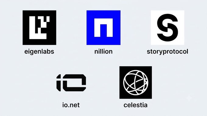 A grid of five crypto/Web3 project logos: eigenlabs, nillion, storyprotocol, io.net, and celestia.