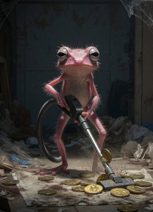 A whimsical 3D illustration of a pink gecko-like creature holding a vacuum cleaner nozzle, surrounded by gold coins in a dusty, web-filled room.