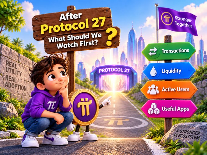 A promotional graphic titled 'After Protocol 27, What Should We Watch First?' featuring a cartoon character next to a Pi Network coin mascot, with directional signs pointing to Transactions, Liquidity, Active Users, and Useful Apps, along with a 'Stronger Together' Pi banner.