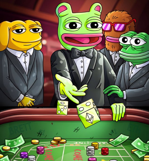 Digital artwork depicting four anthropomorphic frog/pepe characters in tuxedos at a casino table, with the central green frog tossing dice that show an Ethereum logo instead of pips.