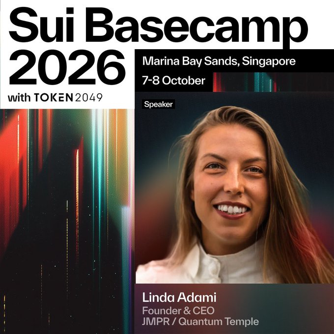 An event poster for Sui Basecamp 2026 with TOKEN2049, taking place 7-8 October at Marina Bay Sands, Singapore, featuring speaker Linda Adami, Founder & CEO of JMPR / Quantum Temple.