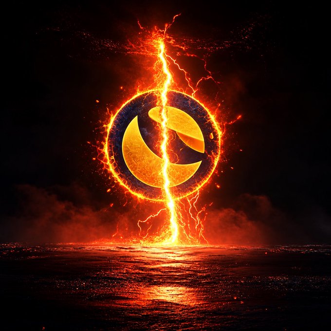 A digital artwork of a glowing, fiery emblem splitting the sky with lightning over a dark landscape.