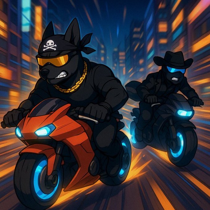 Stylized illustration of two anthropomorphic animals—a dog with a skull bandana and a raccoon in a cowboy hat—riding futuristic motorcycles through a neon city.
