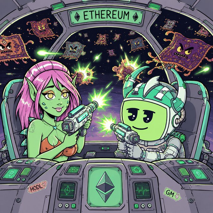 A vibrant cartoon of two characters (a pink-haired elf and a green robot) shooting at Solana carpets in a spaceship cockpit labeled 'Ethereum'.