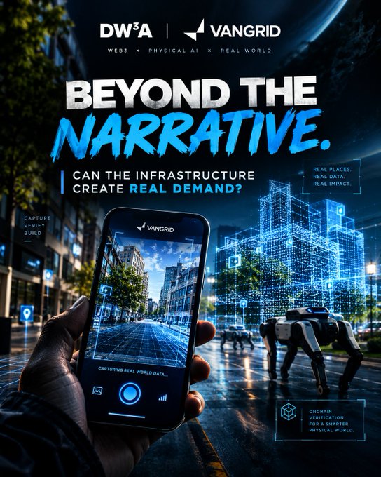 A promotional poster for 'DW3A | VANGRID' titled 'BEYOND THE NARRATIVE' asks 'CAN THE INFRASTRUCTURE CREATE REAL DEMAND?' and shows a hand holding a phone capturing city data alongside a robotic dog.