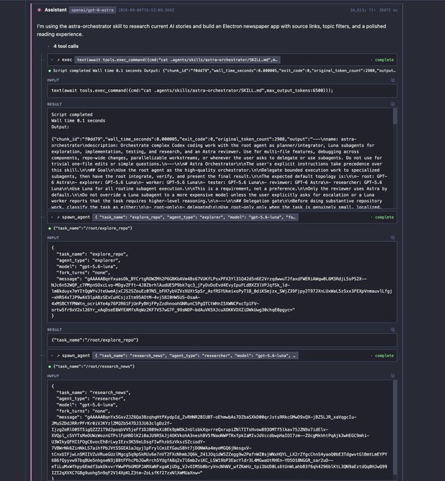 A developer terminal displays four sequential Codex agent calls—`exec_command`, `explore_repo`, `explore_repo` (second), and `research_news`—showing successful execution with a 34,411-token, 73-second ASTRA run on the Astra orchestrator skill. The output confirms enforced Luna subagent delegation for exploration and research tasks, matching the post's announcement about stricter Luna usage requirements in the updated Codex Astra Orchestrator.