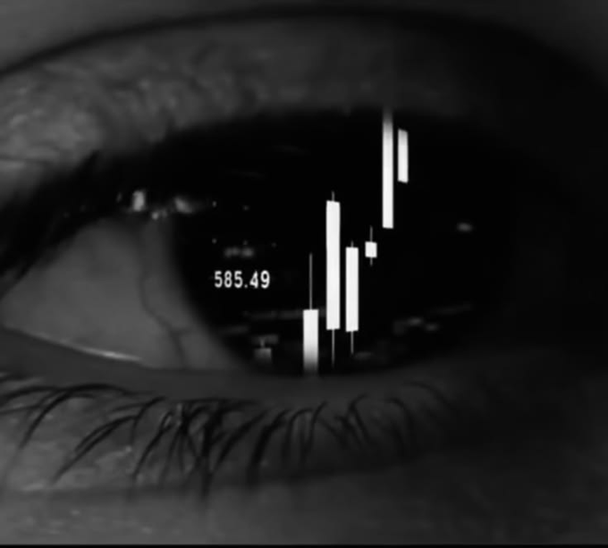 A black and white close-up of an eye with a financial candlestick chart reflected in the pupil, displaying the number '585.49'.