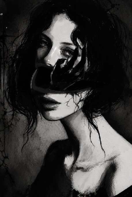 A black and white artistic illustration of a woman with dark hair, her hand covering one eye in a haunting, expressive pose.