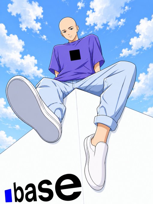 Anime-style illustration of a bald person in a purple shirt and light blue jeans sitting against a blue sky, with the 'base' logo (featuring a blue square) in the bottom left corner.