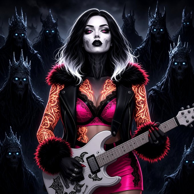 Digital artwork similar to image 6, featuring a dark-haired female character with skull face paint, glowing orange tattoos, and a black jacket with pink fur, playing a white electric guitar amid dark, crowned figures.