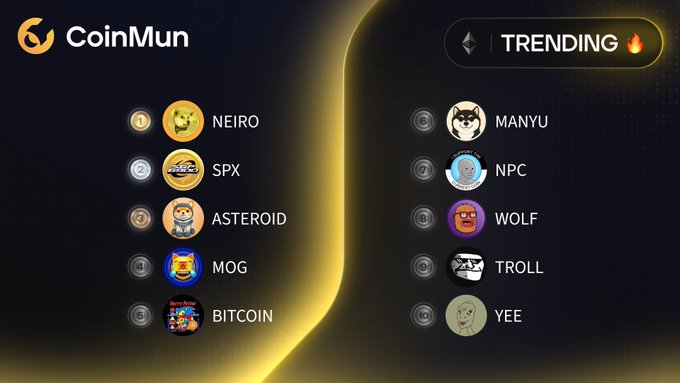 A CoinMun cryptocurrency ranking list titled 'TRENDING' showing coins like NEIRO (#1), SPX (#2), ASTEROID (#3), BITCOIN (#5), and meme coins like WOLF and YEE.
