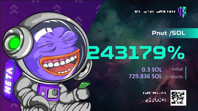 A meme-style crypto graphic featuring an astronaut character, displaying Pnut/SOL token with a massive 243179% gain from an initial 0.3 SOL to 729.836 SOL worth.