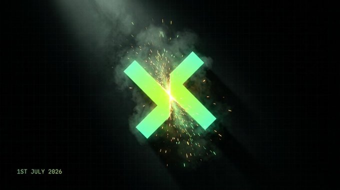 A glowing green X symbol appears with sparks and smoke against a dark background, dated '1ST JULY 2026'.