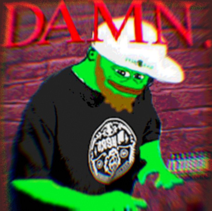 A Pepe the Frog meme image with the word "DAMN" in large red text at the top, showing the green character wearing a white hat and black t-shirt.