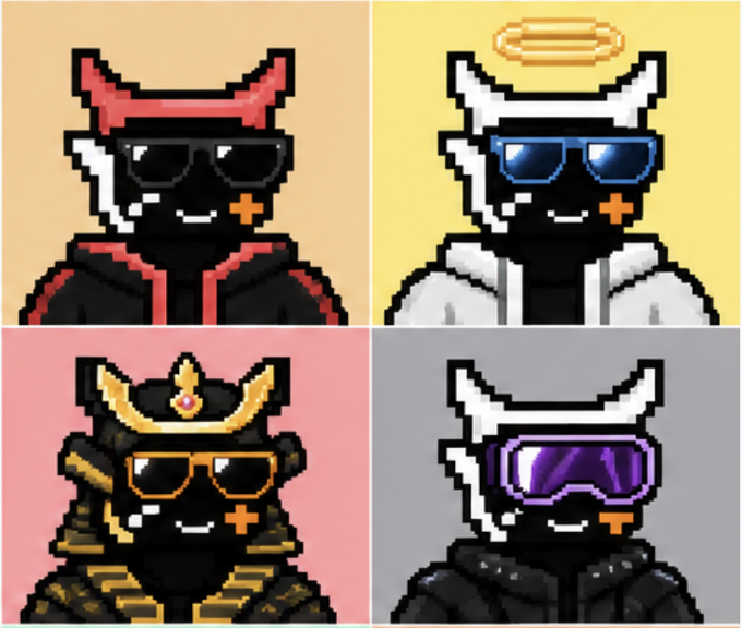 A pixel art collage of four anthropomorphic bull characters in various styles: a red-jacketed outlaw with red horns, a white-jacketed angel with a golden halo and blue sunglasses, a gold-armored samurai with a kabuto helmet, and a futuristic figure wearing purple goggles and a hoodie.
