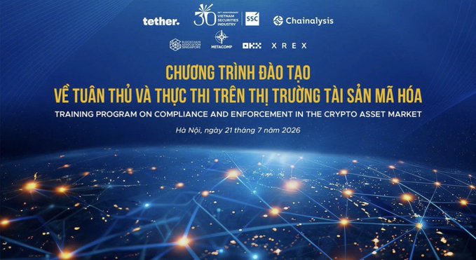 The image is a promotional banner for a "Training Program on Compliance and Enforcement in the Crypto Asset Market," scheduled for July 21, 2026, in Hanoi, featuring logos of sponsors including Tether, Chainalysis, SSC, OKX, XREX, and the Vietnam Securities Industry Association, with a network-themed blue background.

It directly supports the post by visually highlighting OKX's sponsorship role in this Vietnamese training initiative aimed at building crypto regulatory expertise.