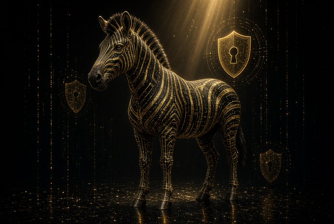 A striking zebra rendered entirely in shimmering gold stripes stands illuminated against a dark background, surrounded by floating shield icons with keyhole cutouts. The image symbolizes the $ZEC bulls' defense mechanism—armored shields guarding their bags—as the post questions their conviction and willingness to "sell the narrative, defend the bags." The zebra's camouflage-like stripes and the protective shields visually represent the fragile thesis and defensive stance of $ZEC holders facing downside pressure.