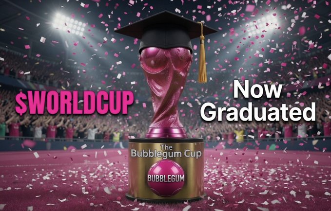 A pink, twisted trophy wearing a graduation cap stands on a podium labeled "The Bubblegum Cup" amid confetti, with "$WORLDCUP" and "Now Graduated" displayed prominently, celebrating the successful graduation of the World Cup Coin on mainnet after collecting 75 SOL.