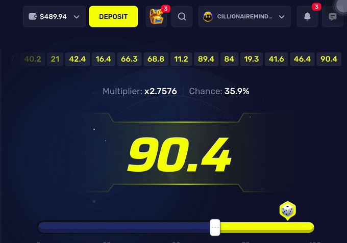 A gambling or betting website interface shows a multiplier of 'x2.7576' with a '35.9%' chance, displaying '90.4' in large yellow text, with a deposit button and a username 'CILLIONAIREMIND' visible at the top.