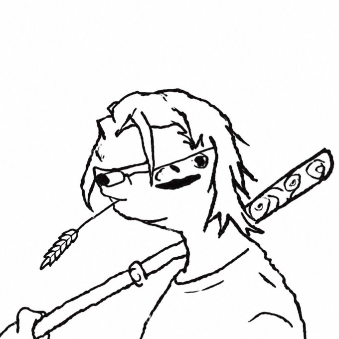 A black-and-white line drawing depicts a long-haired character biting the end of an arrow with a quiver of arrows strapped to their back.