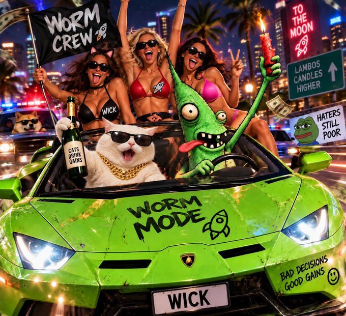 A chaotic, meme-style illustration of a green Lamborghini with the license plate 'WICK,' driven by a green alien creature, with women, a white cat wearing sunglasses and gold chains, and various signs like 'TO THE MOON,' 'Worm Crew,' and 'Lambos Candles Higher' in the background.