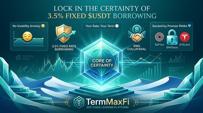 A promotional graphic for 'TermMaxFi' DeFi Fixed Lending Platform advertising a 3.5% fixed $USDT borrowing rate, backed by premium RWA collaterals including $SPTon, $SNVDOn, and $1SLnon.